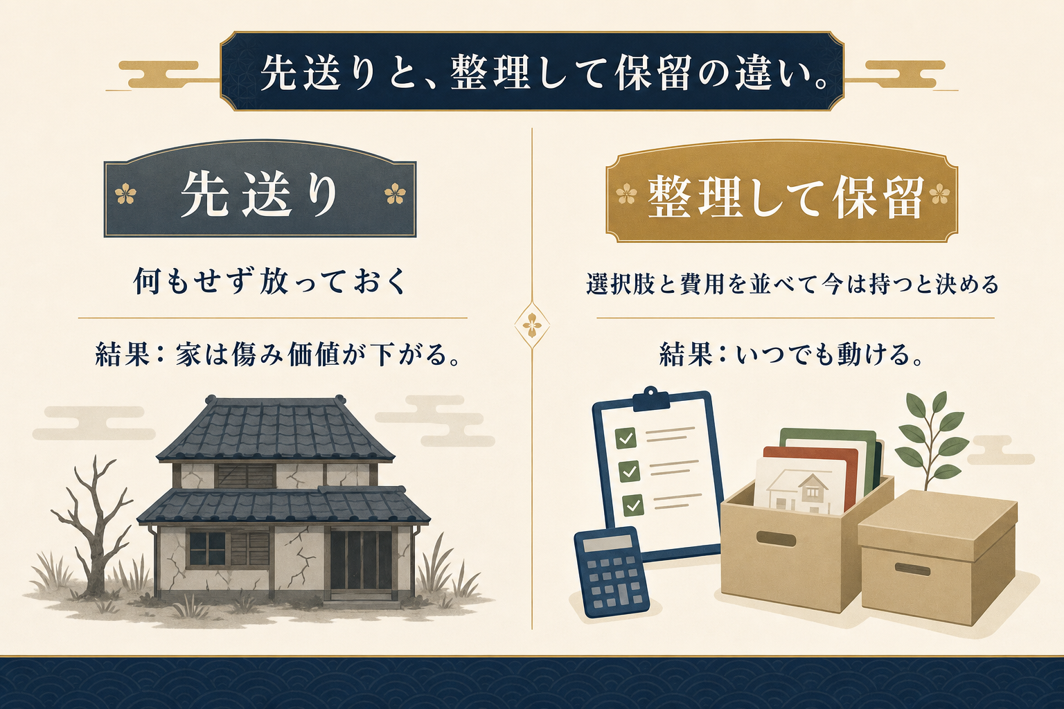 「先送り」と「整理して保留」の違いを左右で対比した図解