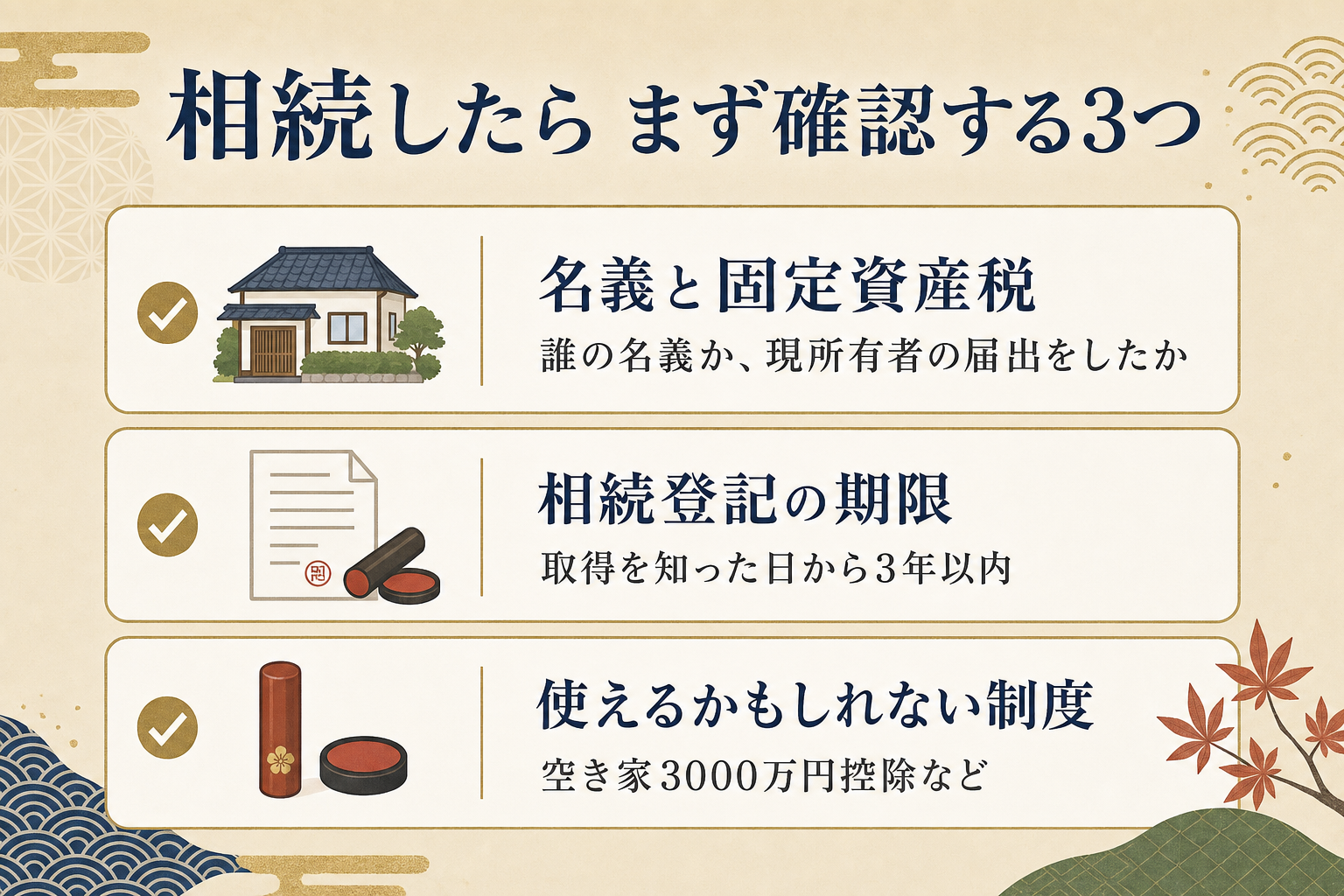 相続した実家でまず確認したい3つのこと（名義と固定資産税・相続登記の期限・使えるかもしれない制度）を示した図解