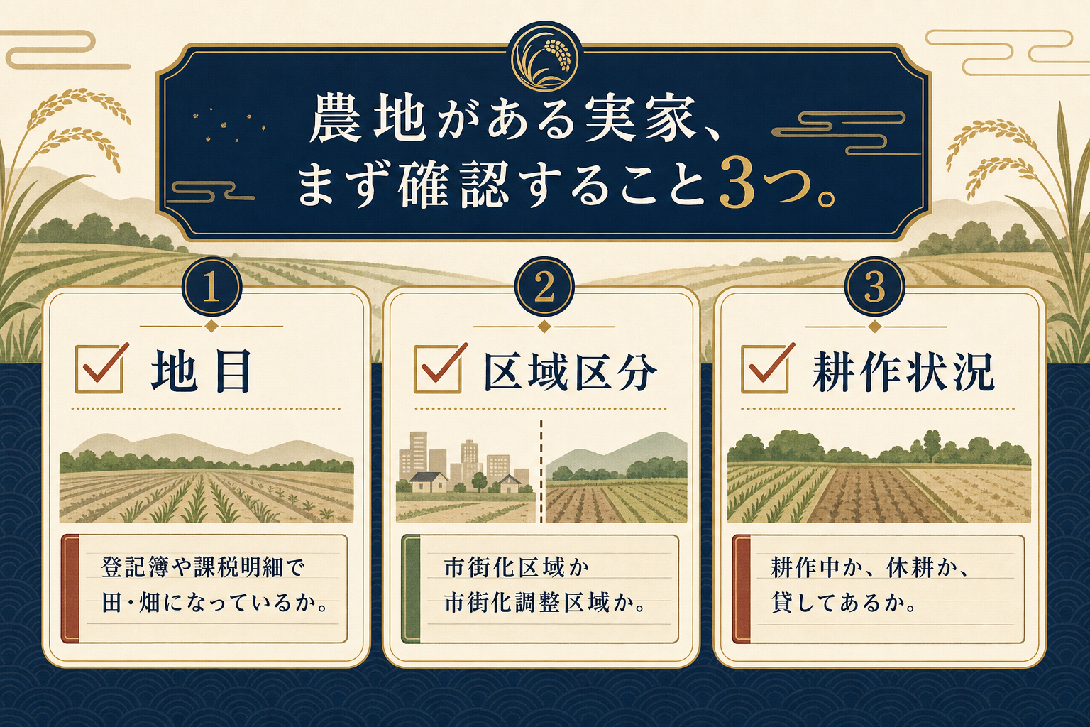 農地がある実家でまず確認すること3つ。地目が田・畑になっているか、市街化区域か市街化調整区域か、耕作中か休耕か貸してあるかを示すチェックリスト図解