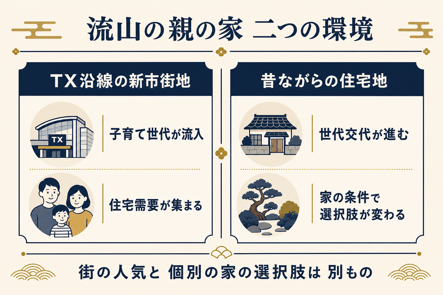 流山の親の家 二つの環境|TX沿線の新市街地と昔ながらの住宅地の対比図