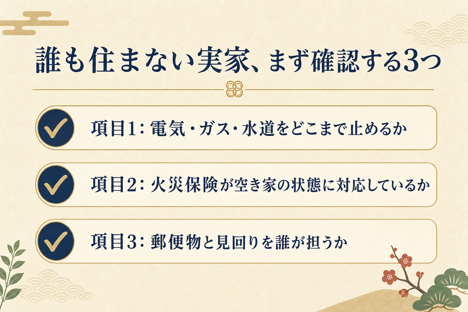 誰も住まない実家、まず確認する3つを示すチェックリスト型の図解