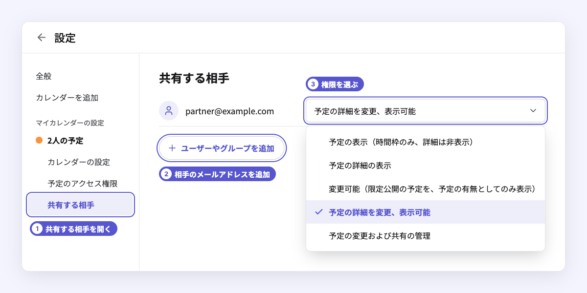 Googleカレンダーの「設定と共有」で、共有する相手のメールアドレスと権限を選ぶ画面 