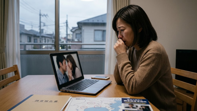 浮気調査報告書を見て泣く女性