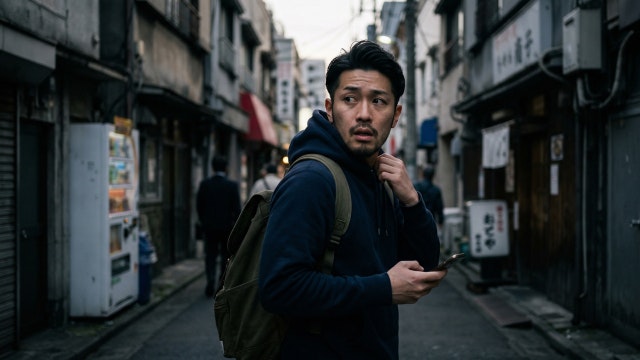 裏路地に逃げる男性