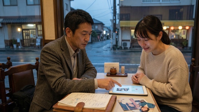 探偵と面談している女性