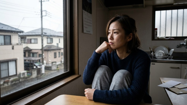 外を見つめて悩む女性