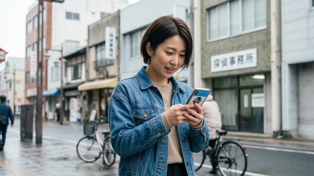 携帯をみる女性