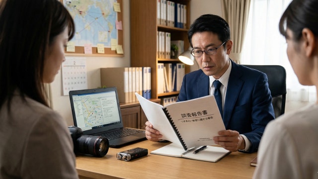 探偵報告書の結果を聞く女性