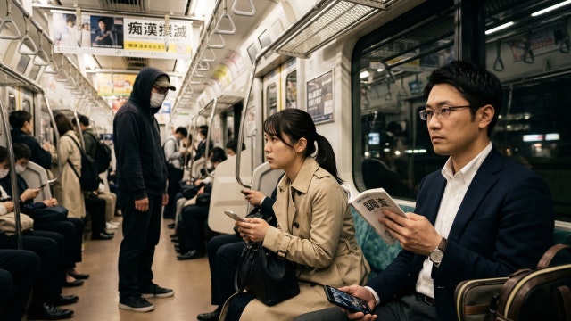 電車つきまといを怖がる女性