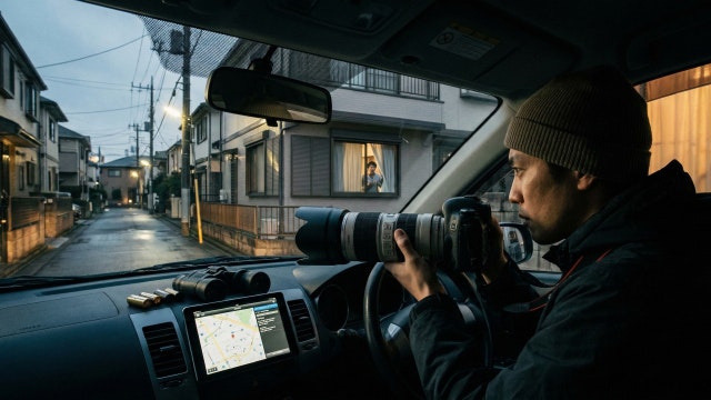 住宅街を撮影している探偵