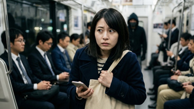 電車つきまとい怖がる女性