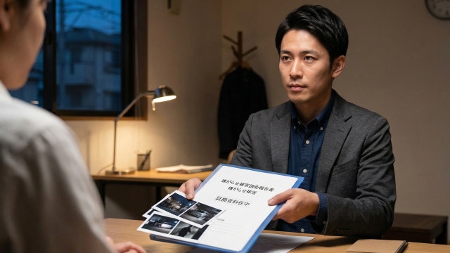 嫌がらせ調査の報告書を渡す探偵