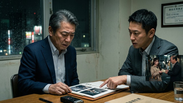 探偵がパパ活詐欺の報告書を見せている様子