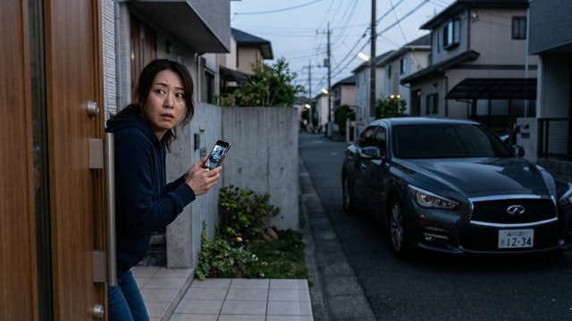 不審車と玄関をでる女性