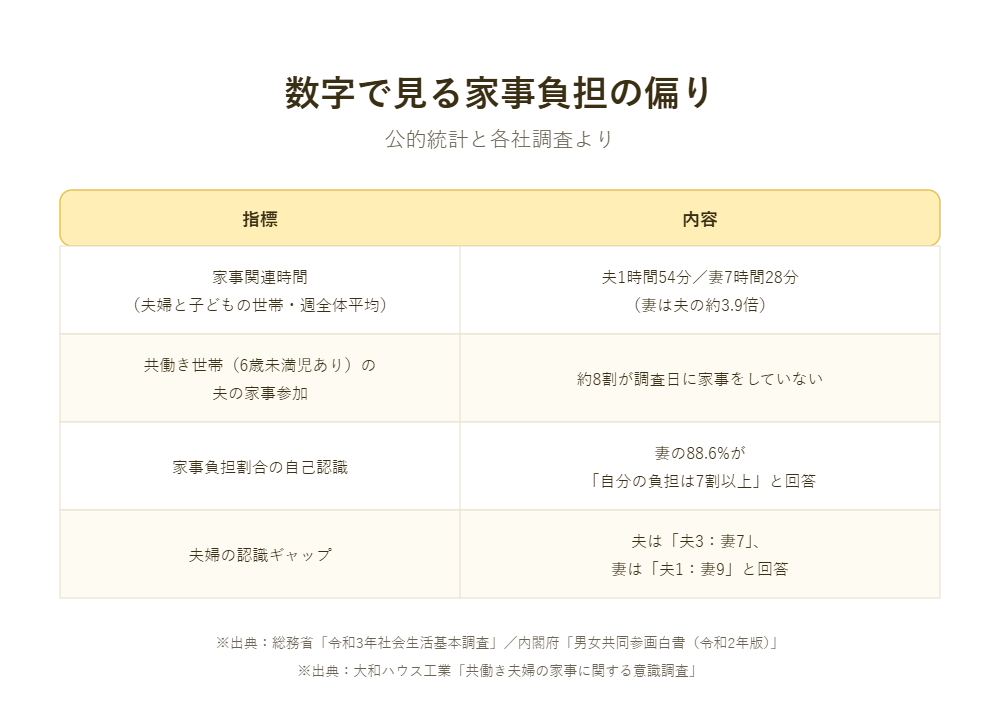 家事負担の偏りを示すデータ