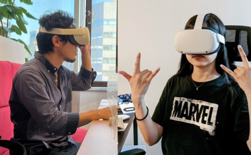 Pirates experiencing the VR headsets in various locations