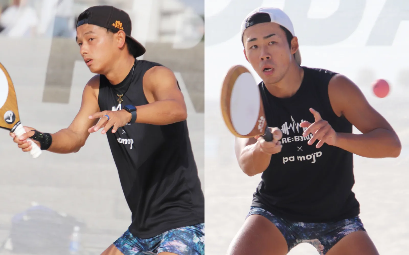 大会でフォアハンドを打つ2人の選手