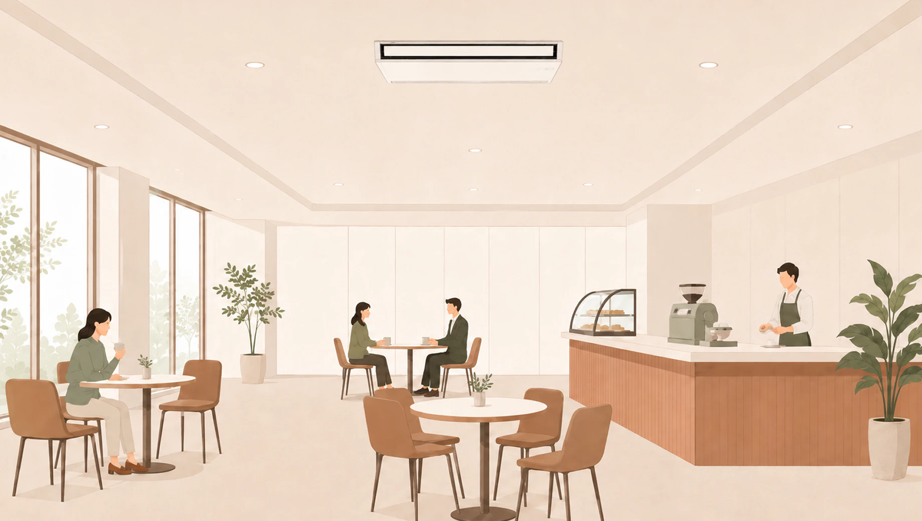 天井吊形エアコンを使用しているカフェ風景