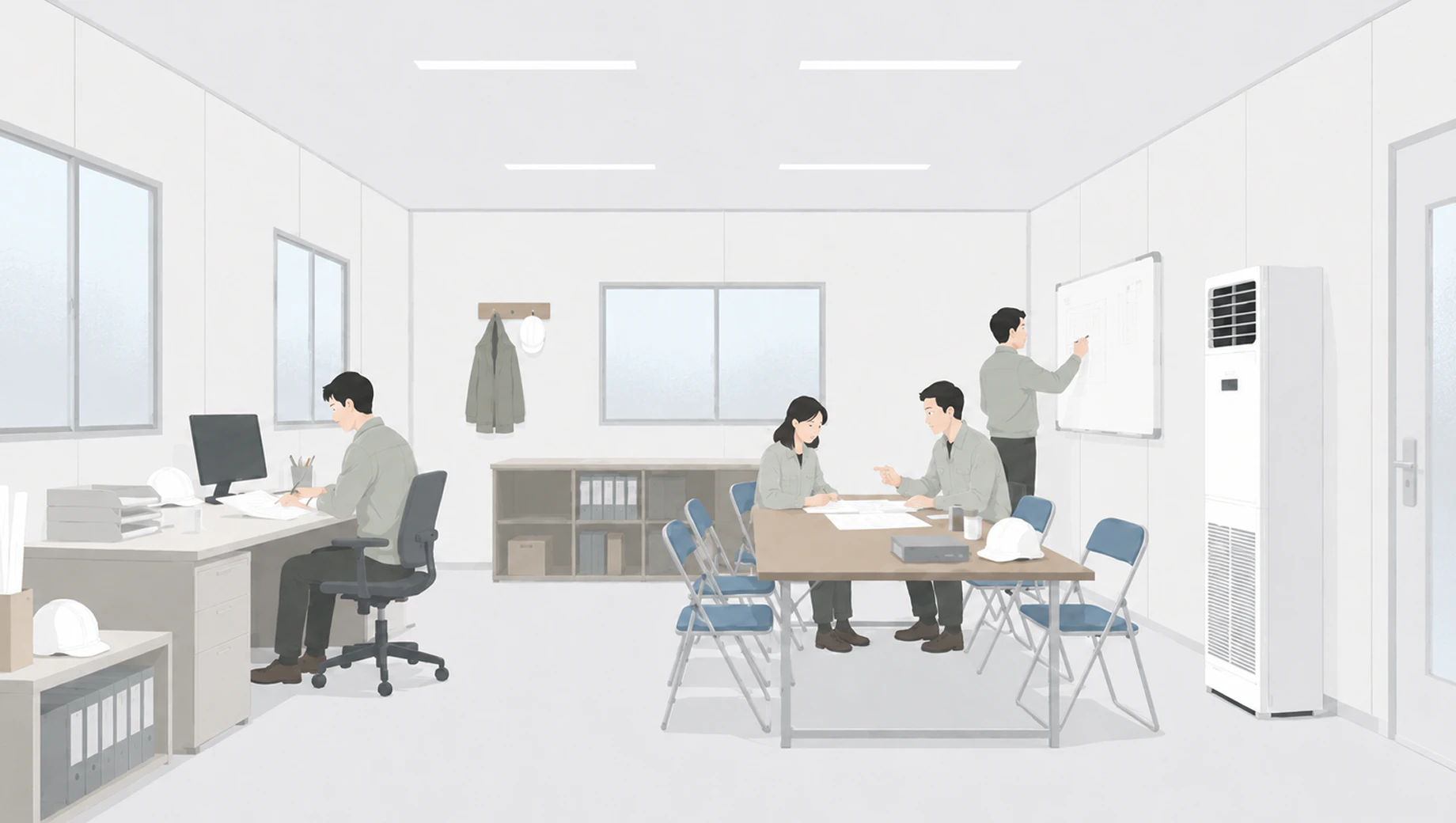 床置形エアコンを使用している仮設事務所風景