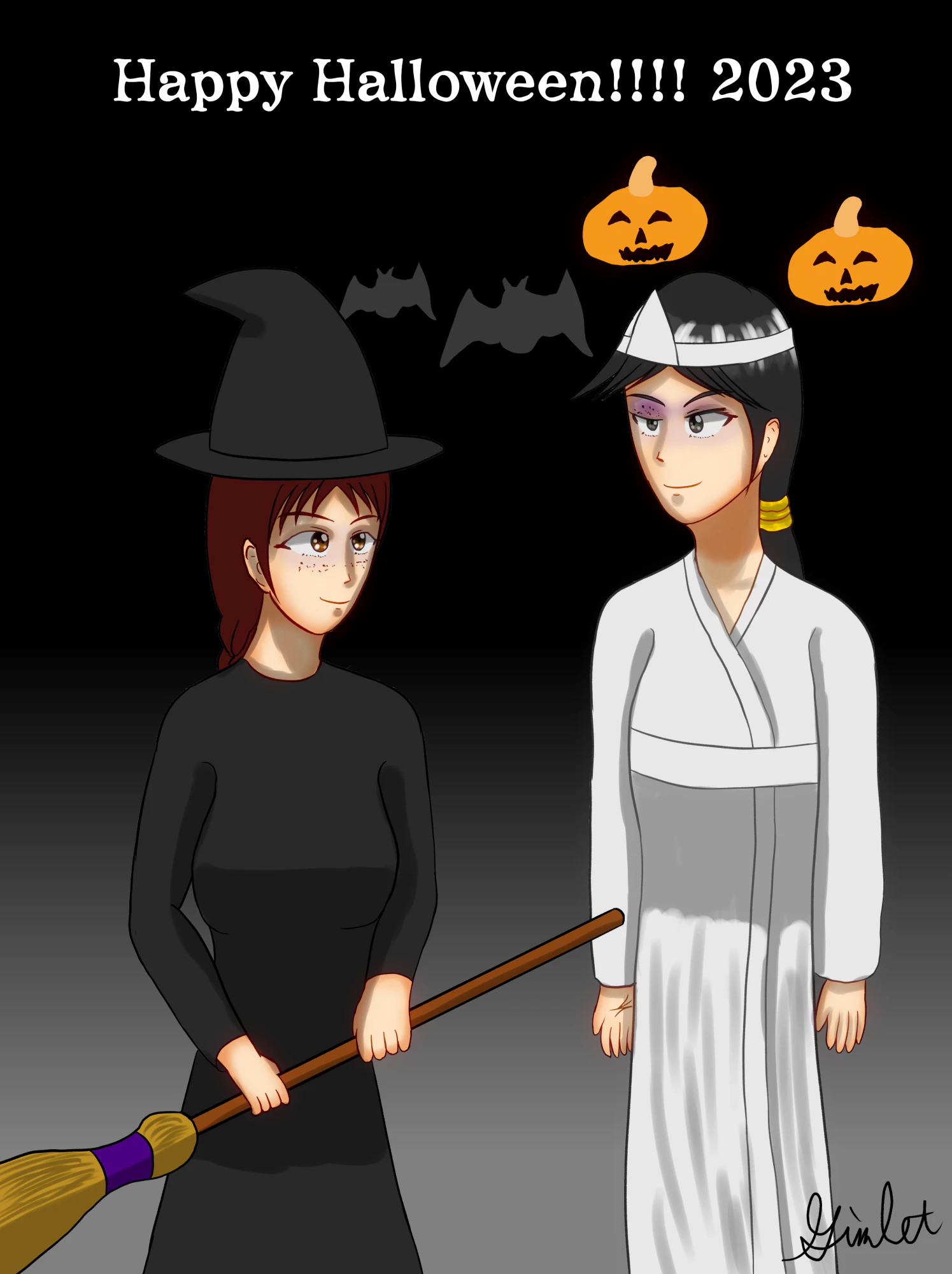 ハロウィンの仮装をする京子とエミリ