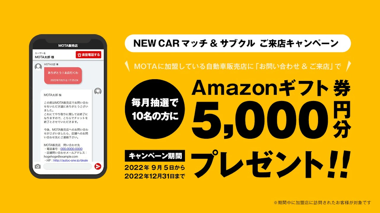 NEW CARマッチ・サブクルから問い合わせて、自動車販売店へ相談しに行こう!『ご来店キャンペーン』で毎月抽選でAmazonギフト券5,000円分プレゼント!