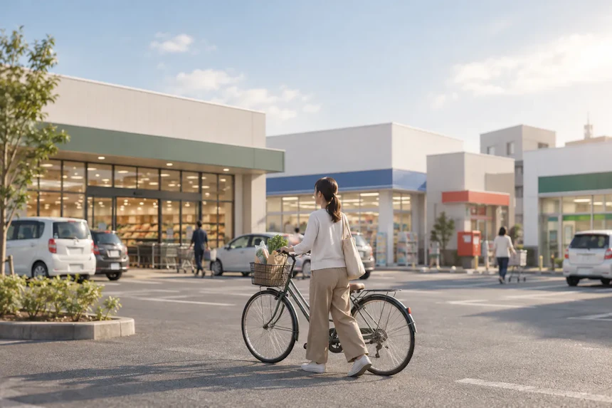 買い物袋や日用品を自転車かごに載せた買い物客が、スーパーやドラッグストア、郵便局、銀行が並ぶ低層建物の前を走っている。