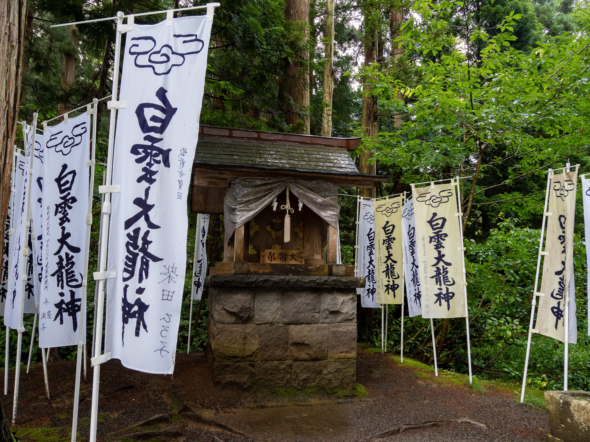 （末社・白雲大神社に並ぶ「白雲大龍神」の幟。2026年7月撮影） 