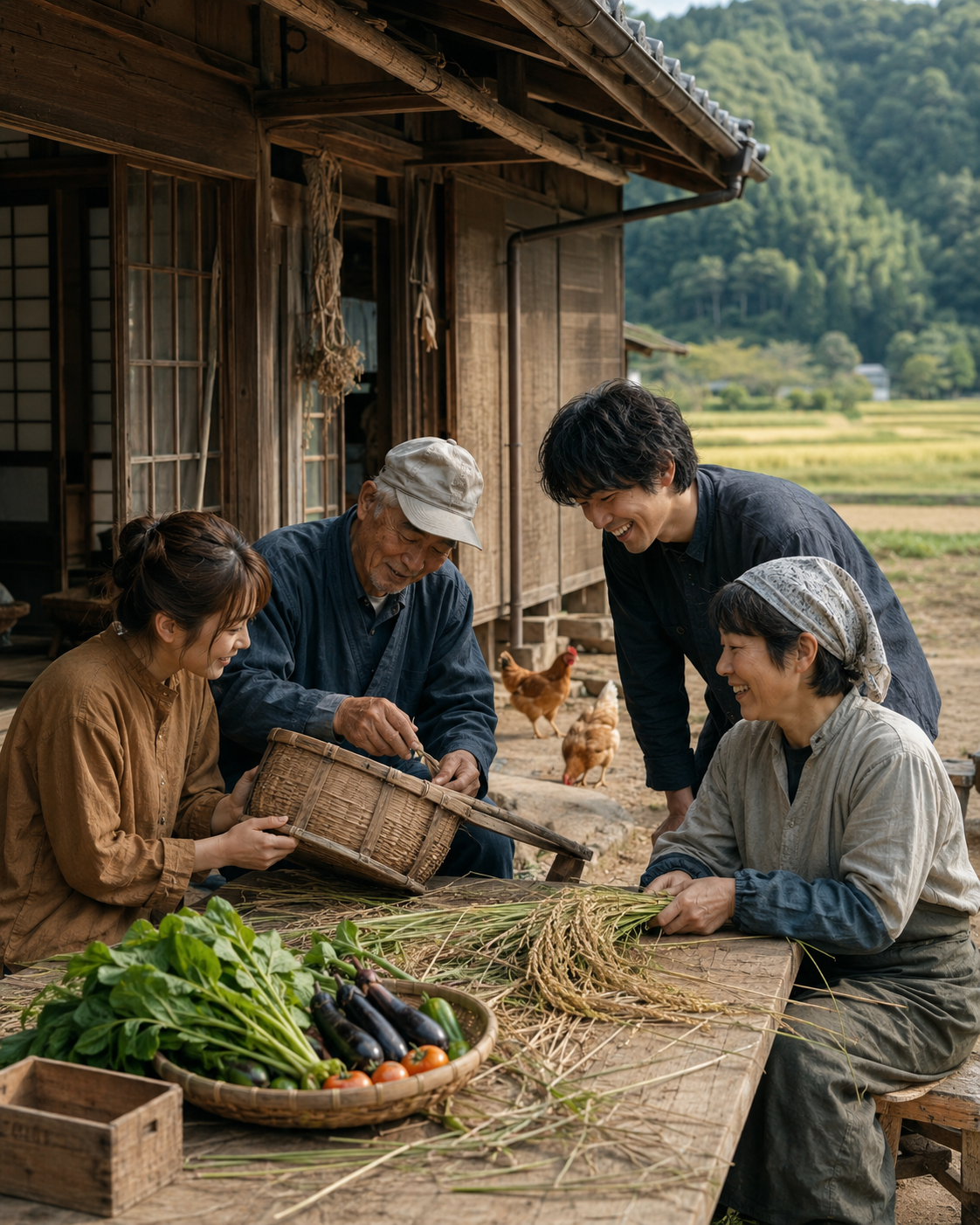 古民家の前で手仕事を囲む人々