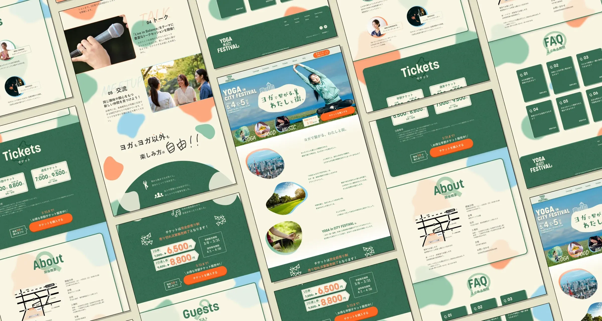 Yoga In City Festival website - Desktop designs arranged in dynamic diagonal layout