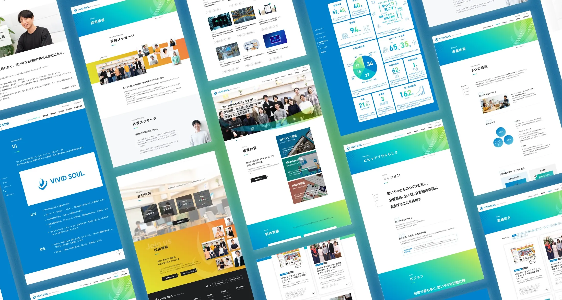 Vividsoul Inc. website showcase - Multiple screenshots arranged in diagonal layout