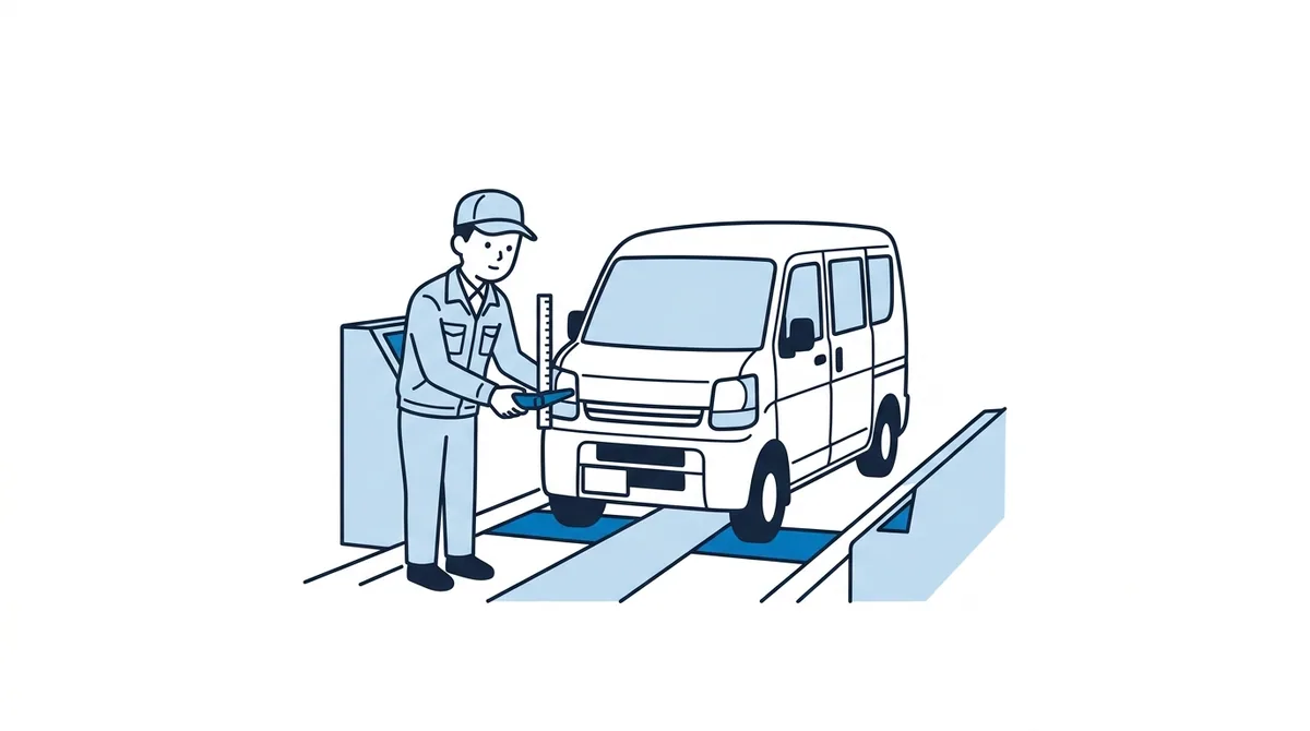 車検場で車のヘッドライトを測定器で検査する検査員