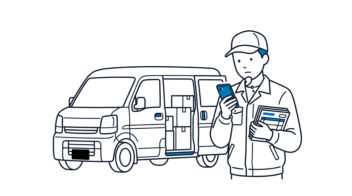 荷物を積んだ車の横で書類とスマホを見つめる配達員
