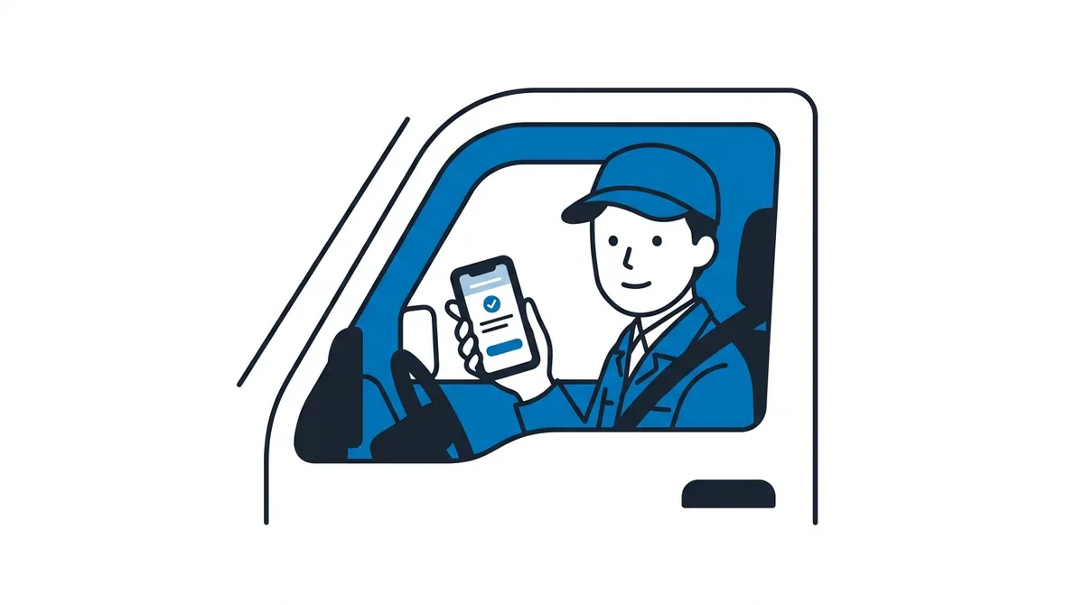 車内で振込確認画面のスマホを持つ配送ドライバーの手元