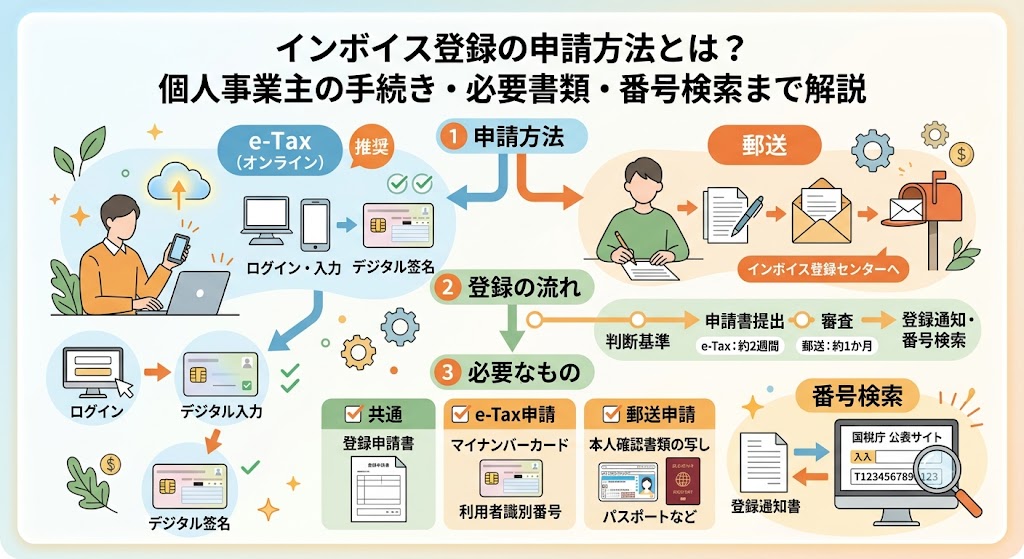 インボイス登録の申請方法とは?個人事業主の手続き・必要書類・番号検索まで解説