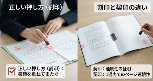 契約書の割印の位置は甲乙丙でどこ？正しい押し方と契印との違い