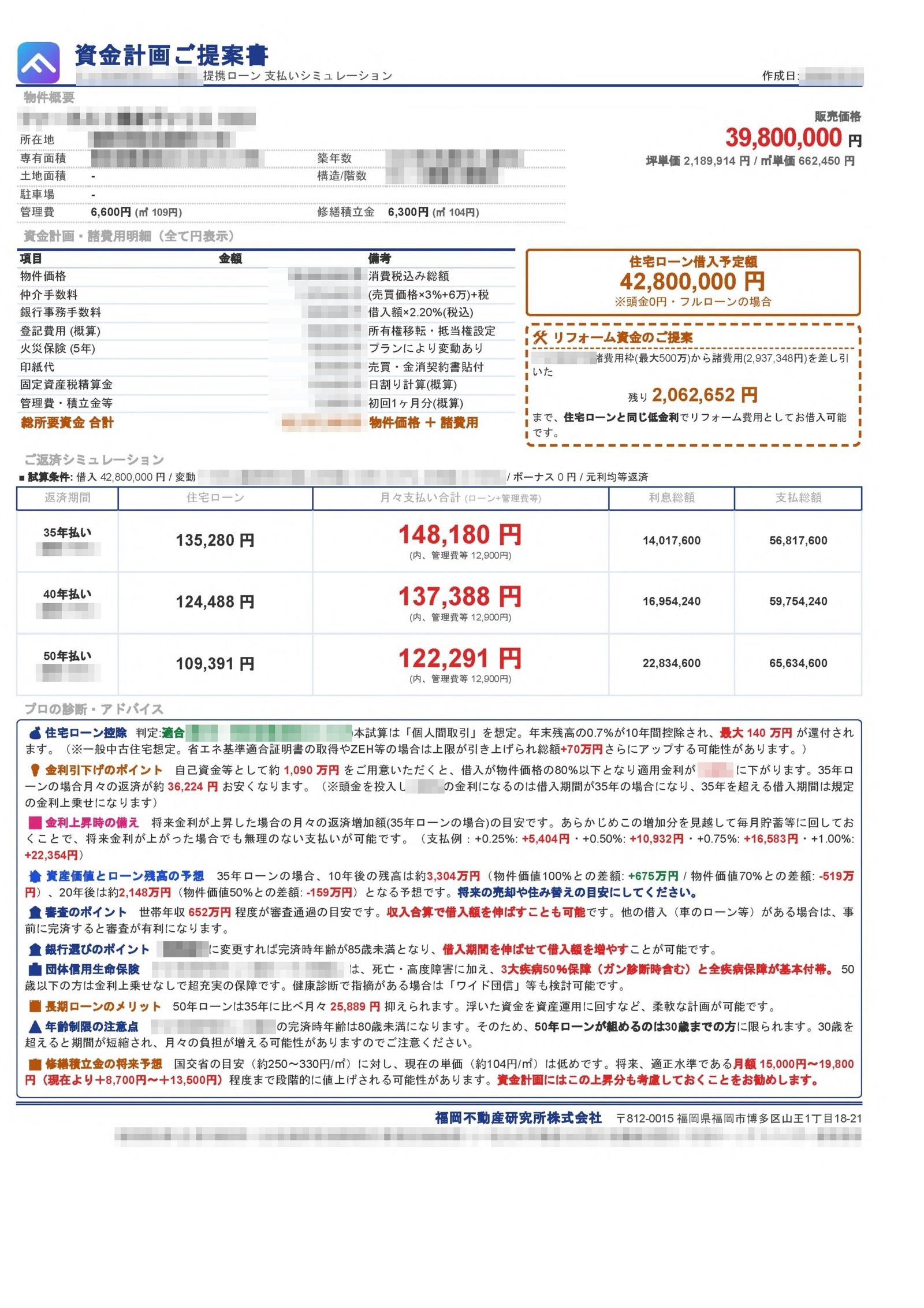 福岡不動産研究所様が作成した資金計画書の例