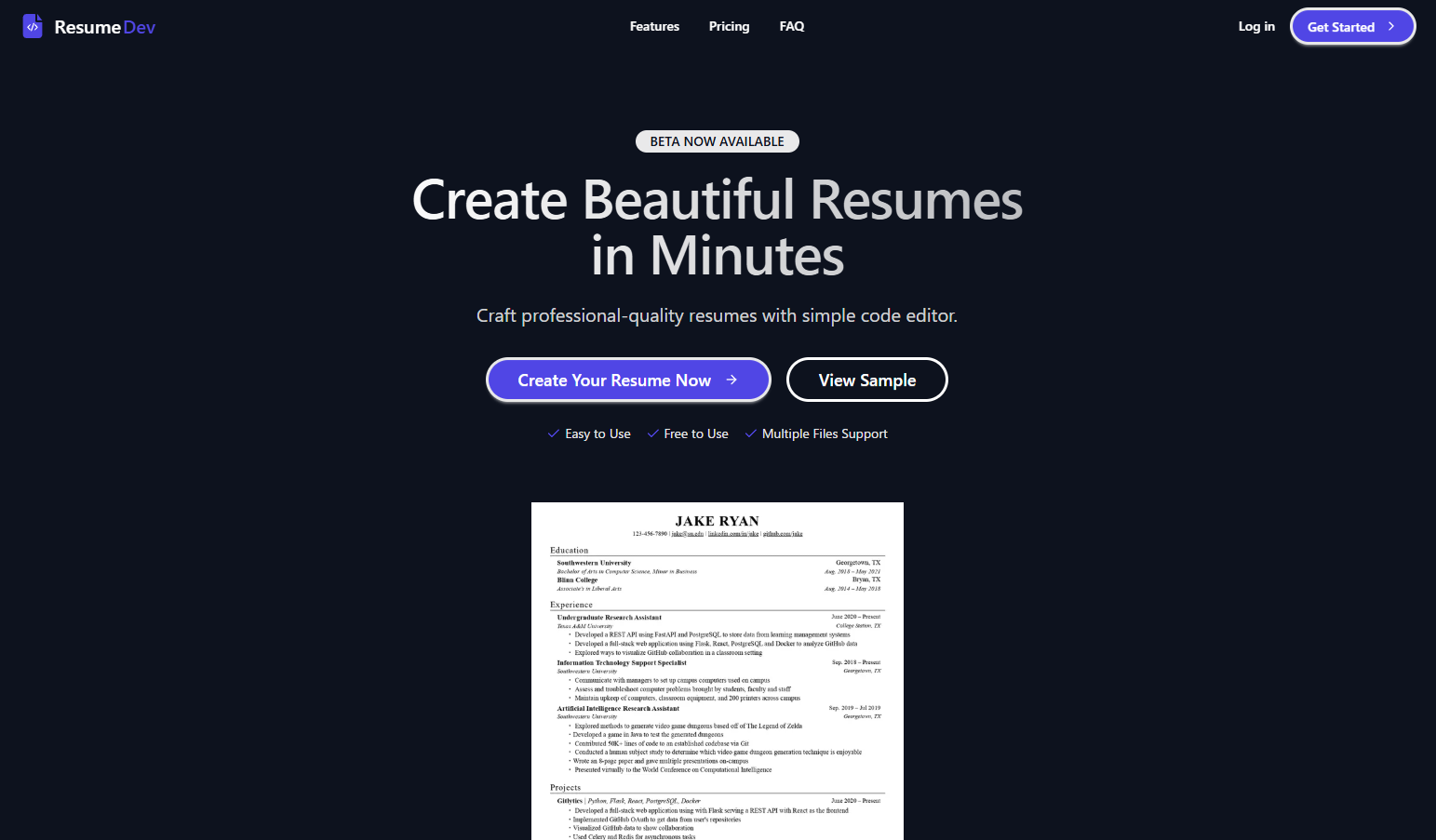 ResumeDev - Create Beautiful Resumes in Minutes