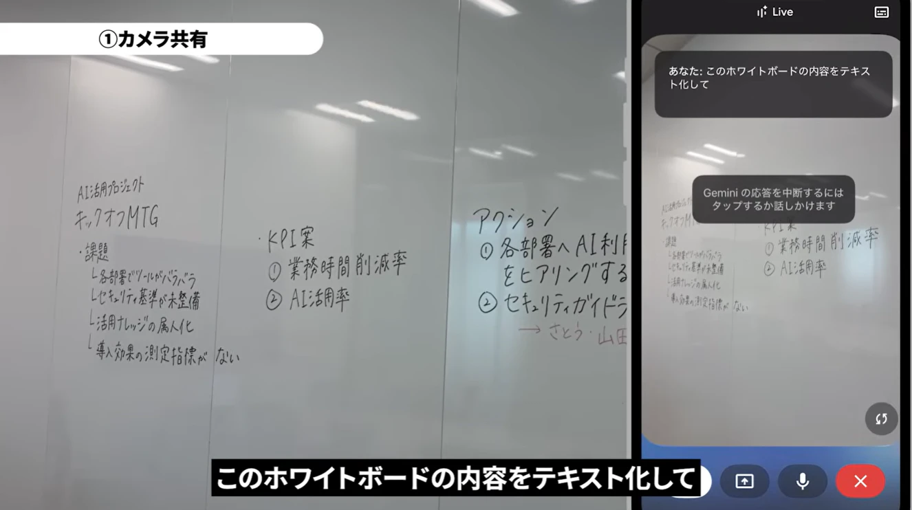 Gemini Liveのカメラ共有でホワイトボードの内容を読み取り、テキスト化を依頼する画面