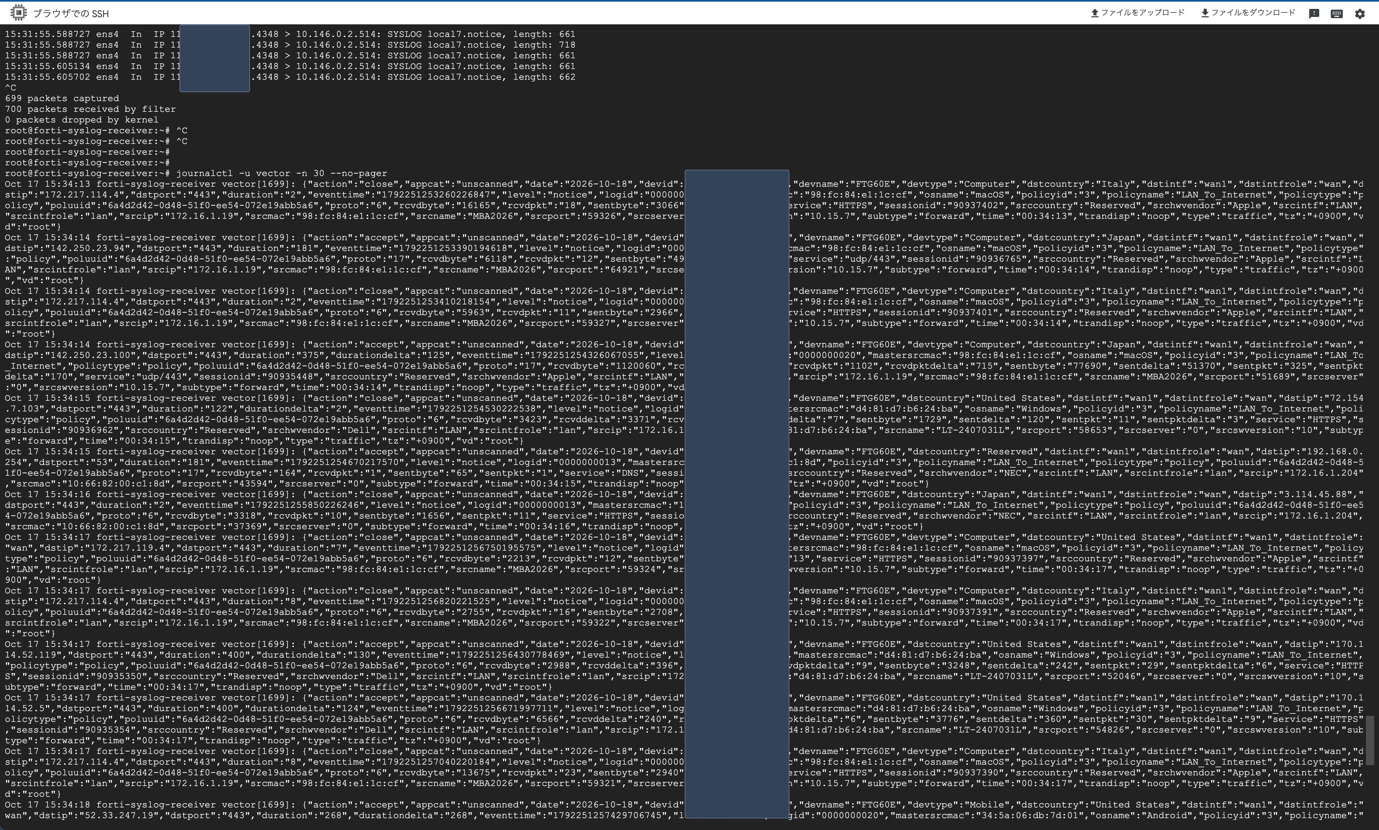 tcpdump でのパケット到達確認と Vector の JSON 変換ログ