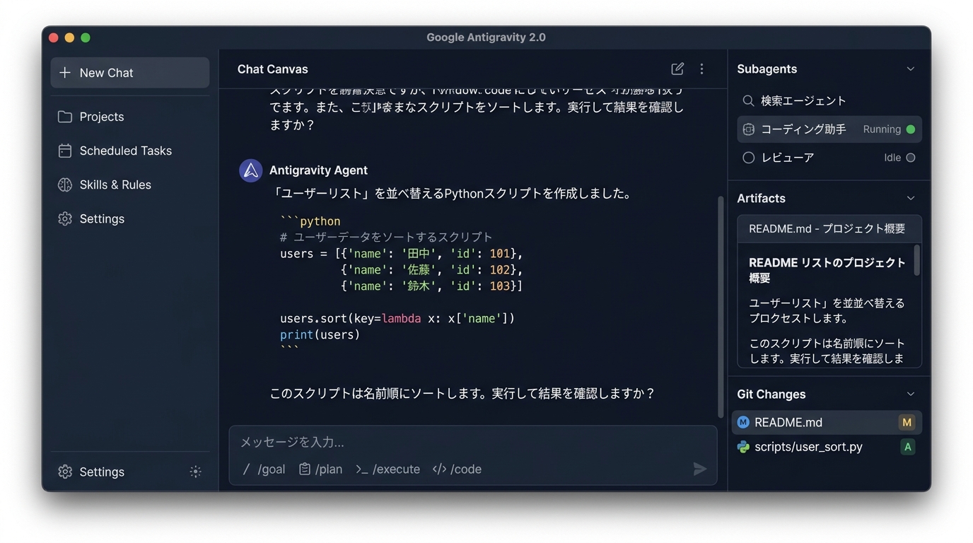 Antigravity 2.0 デスクトップ環境の全体UIレイアウト