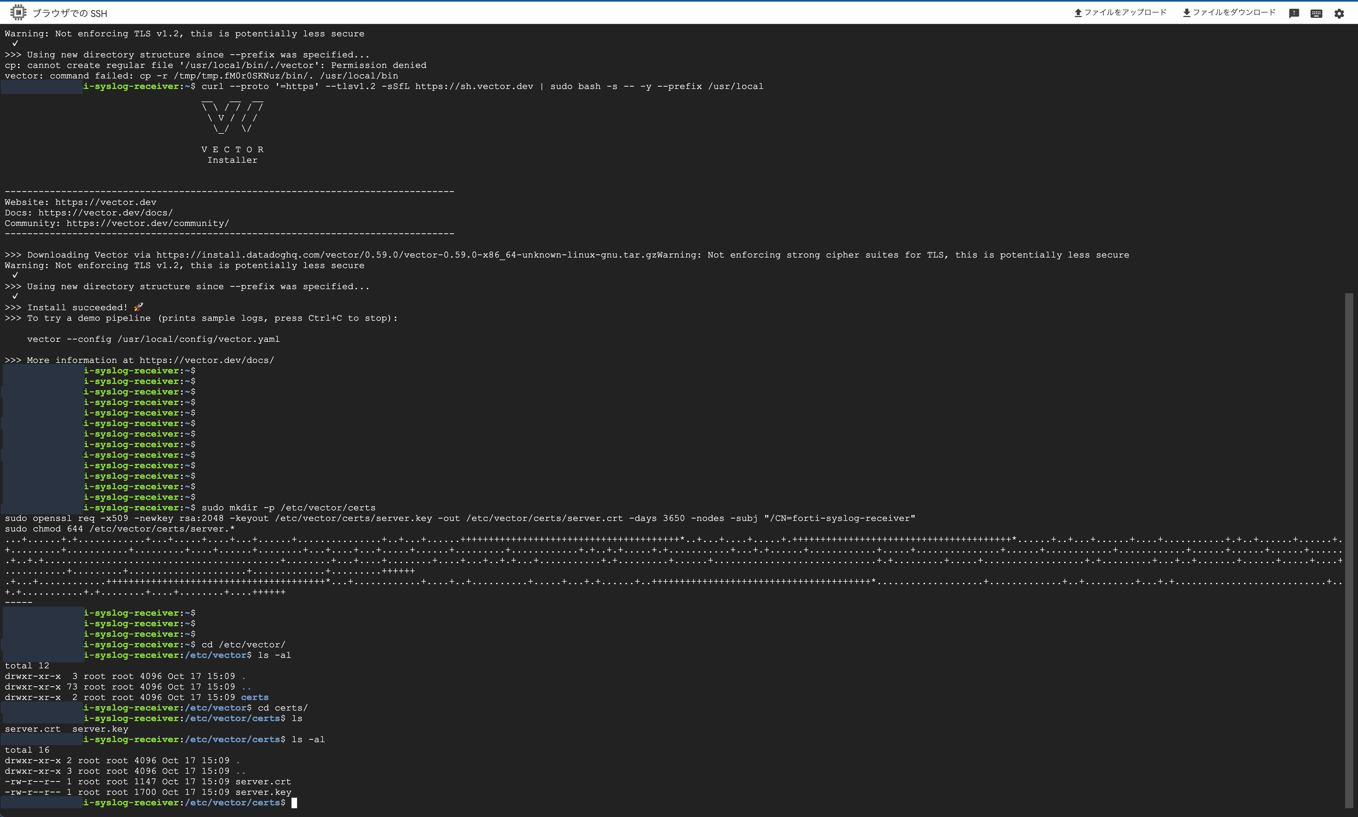 Vector のインストールと TLS 証明書作成画面