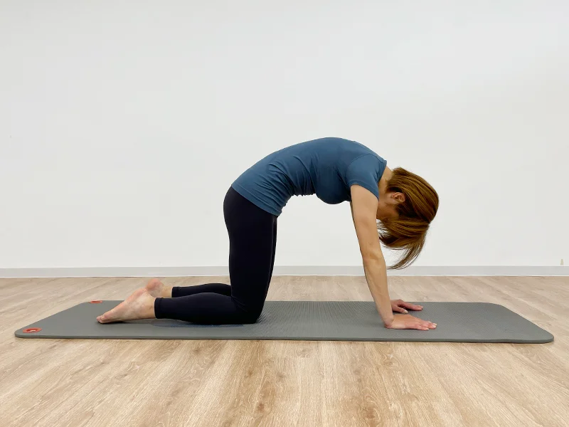 ヨガマットの上で四つん這いになる女性