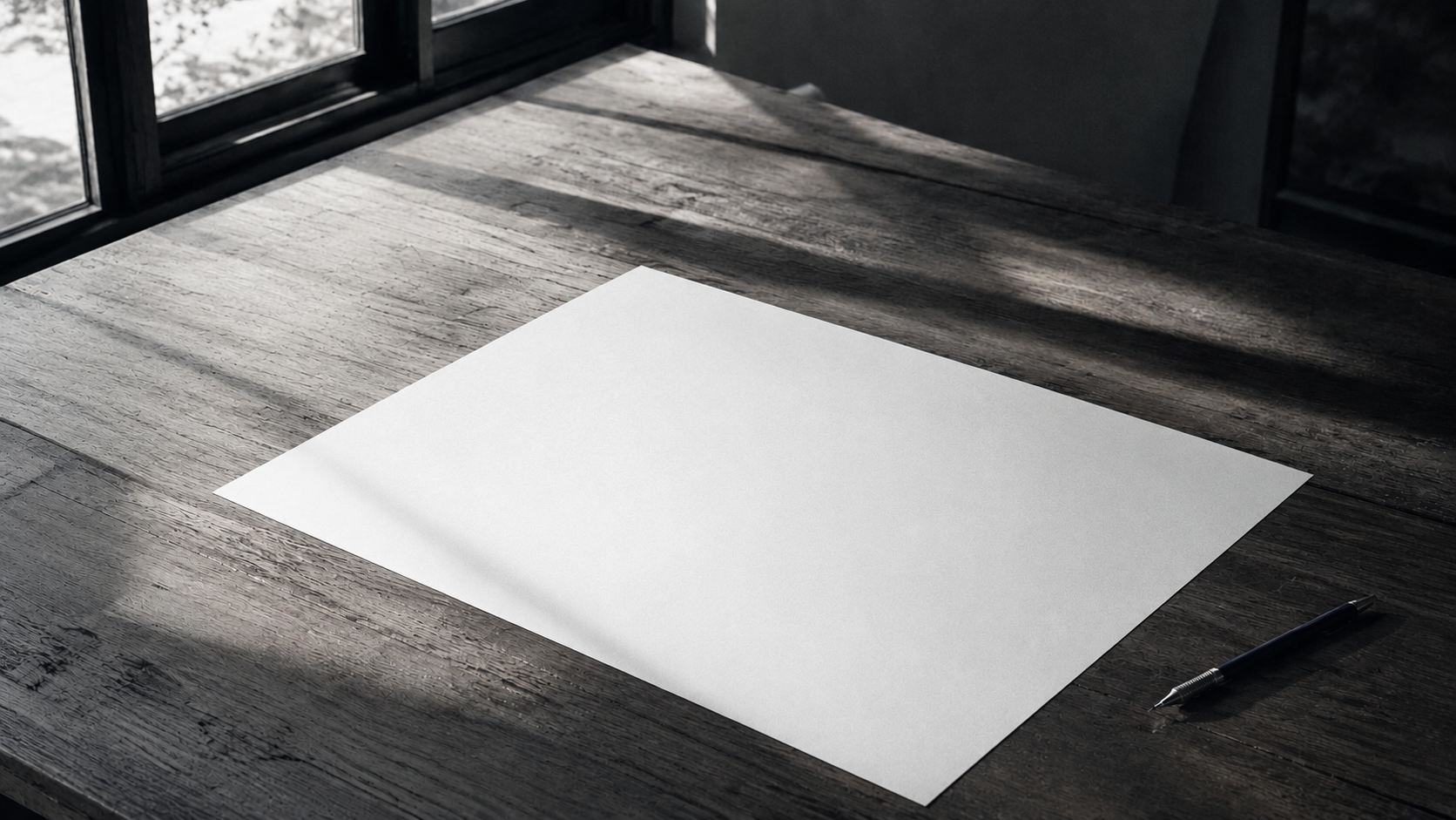 窓辺の木の机に広げられた、まだ何も書かれていない白紙と製図ペン