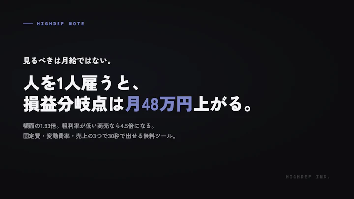 人を一人雇うと、損益分岐点は月48万円上がる【無料の損益分岐点計算ツール】