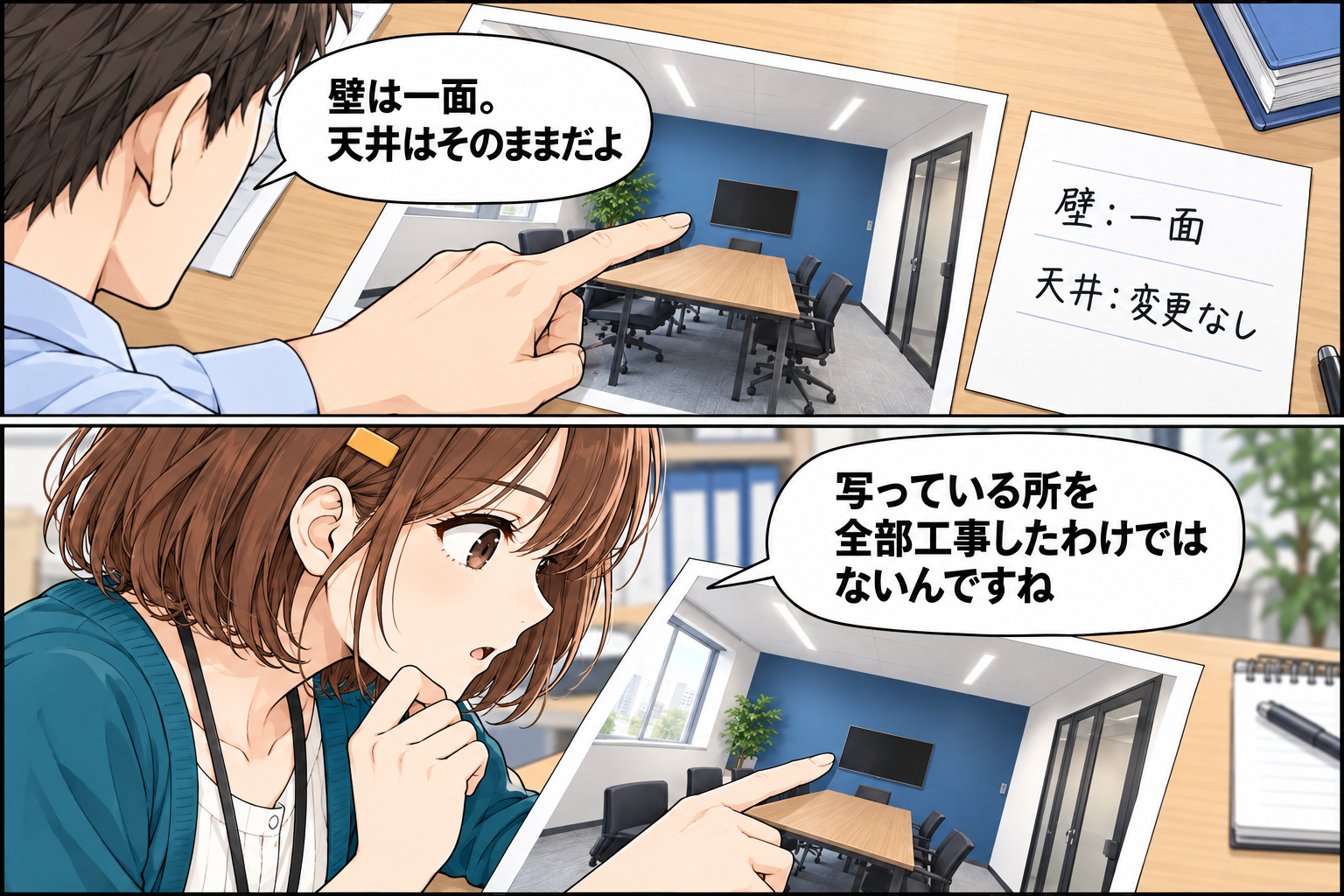 高橋さんと小野さんが施工記録と写真を照らし、壁一面を変えて天井を残したと確認する2コマ漫画