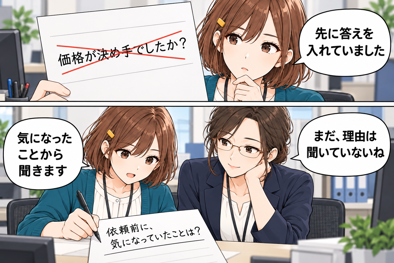 小野さんが「価格が決め手でしたか？」という質問案を見直し、店長と確認して、依頼前に気になっていたことを聞く質問に直す2コマ漫画