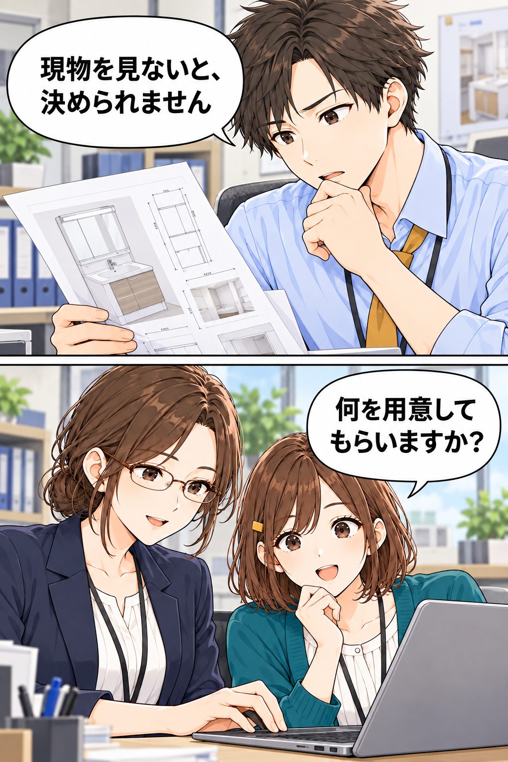 高橋さんが洗面台の資料を見て、現地確認の必要性を話す。小野さんが訪問前の準備を確認する漫画。