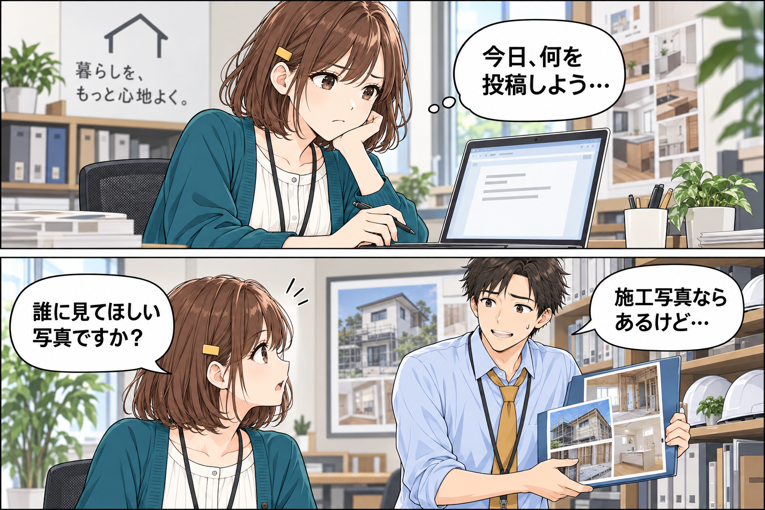 投稿画面の前で迷う小野さんと、施工写真の使い方を一緒に考える高橋さん