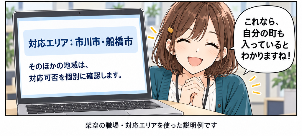 案内を「対応エリア:市川市・船橋市。そのほかの地域は、対応可否を個別に確認します」に修正。小野さんが「これなら、自分の町も入っているとわかりますね!」と確認する。
