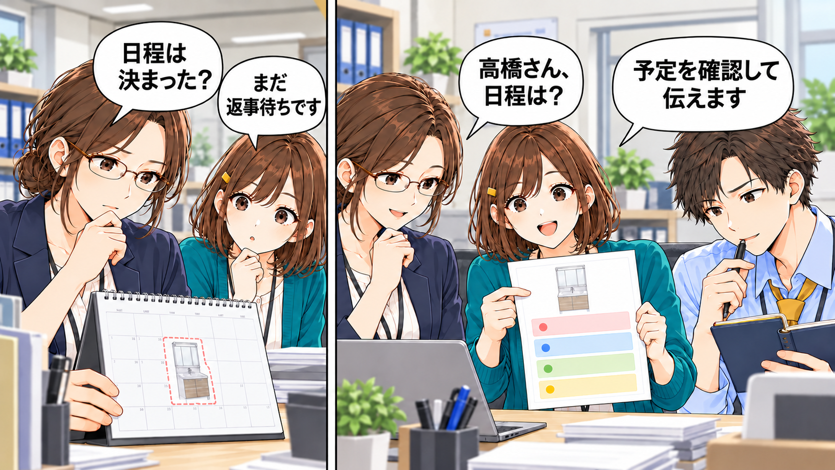 2コマの漫画。森川店長が日程を問い、小野さんが返事待ちと答える。高橋さんは予定を確認して伝える。